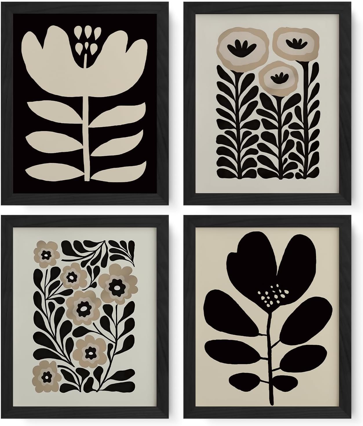 JXREQ Vinatge Boho Abstract Matisse Floral Wall Art, Mid Century Modern Abstract Black and Beige Floral Wall Decor for Home Kitchen Bedroom Bathroom Living Room, 8×10 Inch Unframed 4Pcs