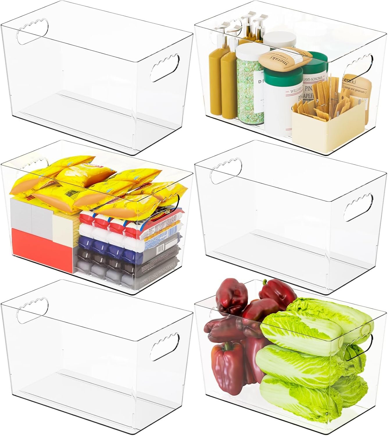 6 Pack Plastic Clear Bins for Organizing- With Handle -11″ Large Pantry Organizer Bins for Shelves Snack,Food or Cleaning Supplies,Fridge Organizers and Storage,Acrylic Kitchen Storage Containers