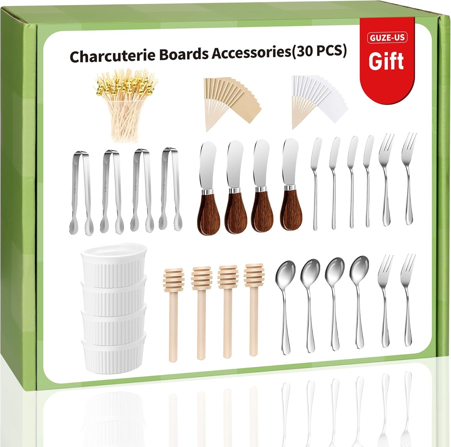 Charcuterie Boards Accessories(30 PCS), Gift Box Packaging, With Ceramic Dip Bowls, Wooden Handle Cheese Spreader Butter Knive Set, Mini Tongs, Spoons, Forks,Honey Dipper, Cocktail Picks