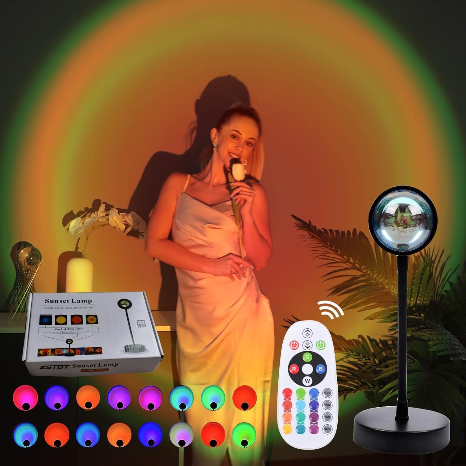 Sunset Lamp, Lights,Sunset Projection Lamp 16 RGB Color Changing Night Light 360 Degree Bracket for Self-Media Light Romantic Wedding Birthday Party Bar Restaurant Photo Background Gifts