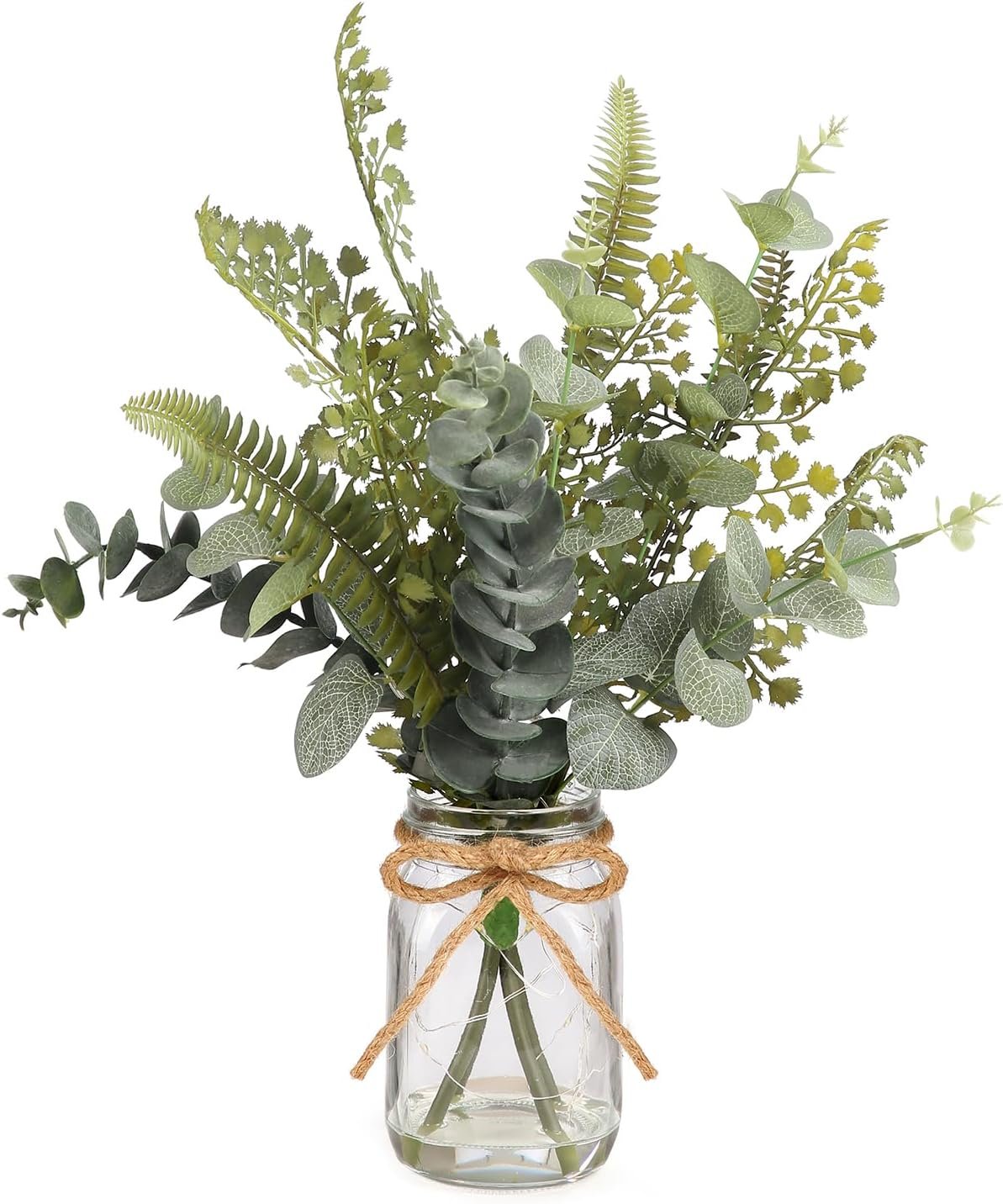 Artificial Eucalyptus Stems in Glass Vase with Faux Water, 13” Fake Plants Eucalyptus Leaves with Lights, Faux Plants Decorations for Bathroom Home Office Farmhouse Wedding Centerpiece Décor