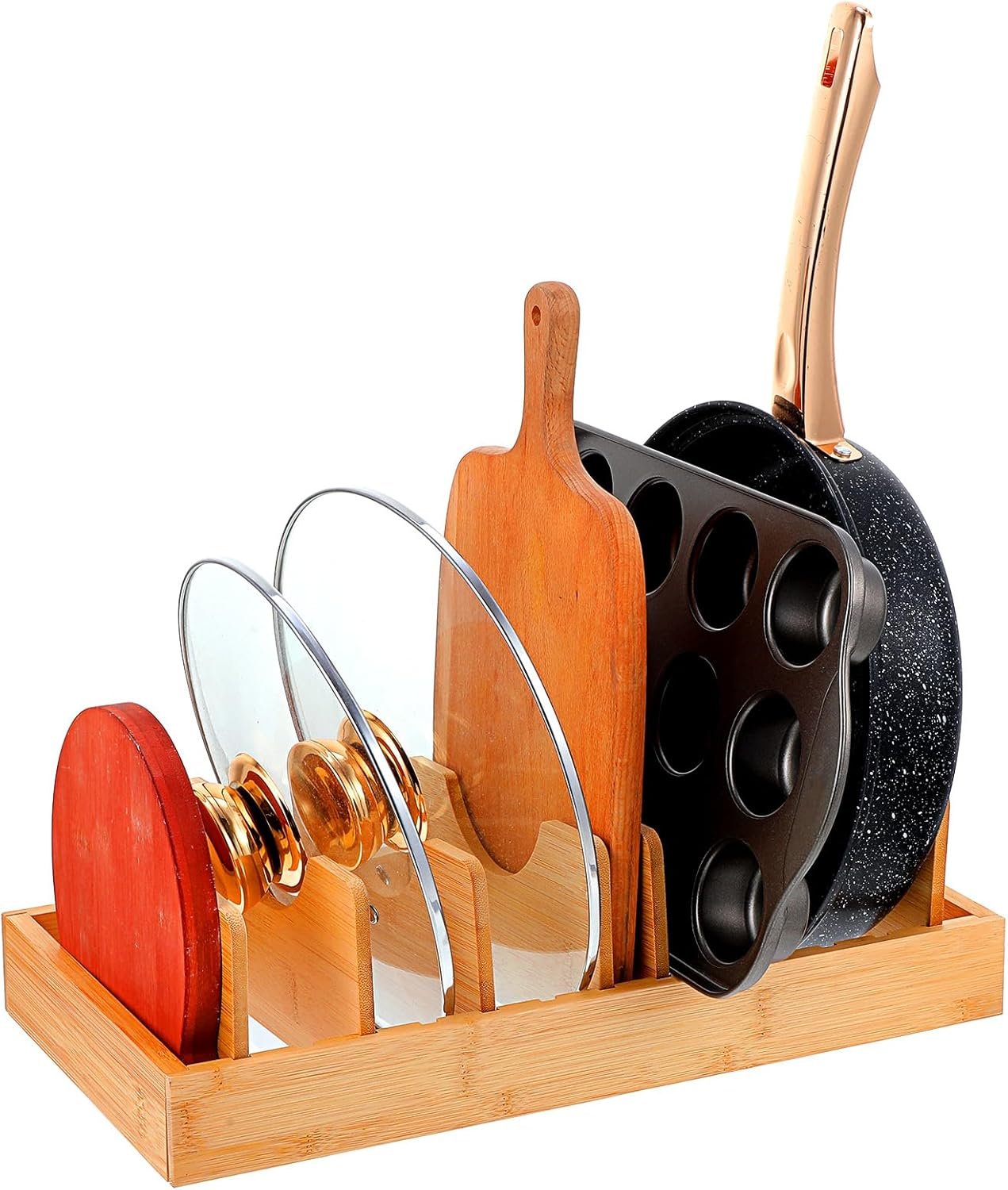 Pot Lid Organizer, Wood Pot Lid Holder with 7 Adjustable Dividers Pan Organizers Inside Cabinet Pans Organizer Under Cabinet for Pots, Pans, Baking Sheets, Cutting Boards, Dinner Plates