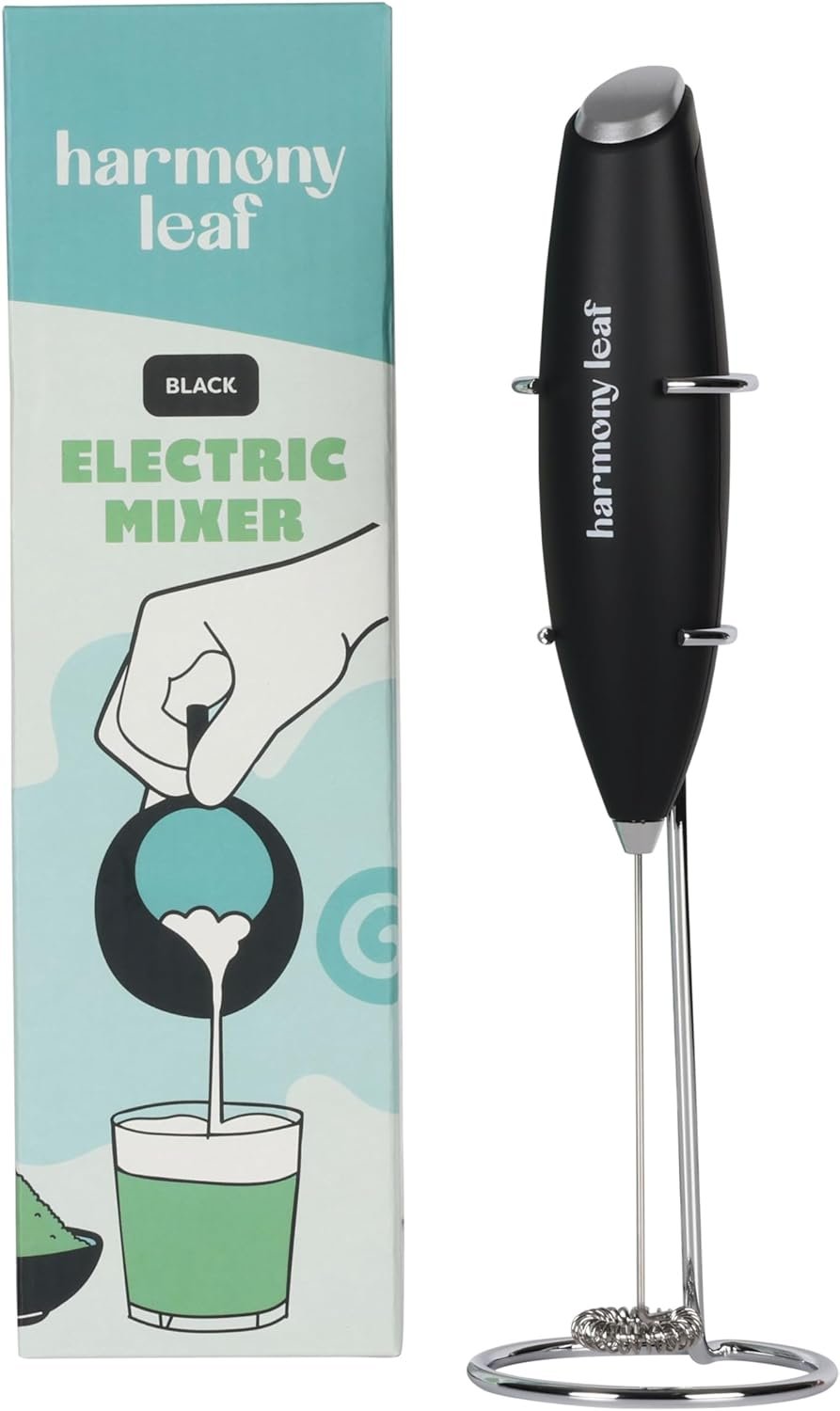 Harmony Leaf Handheld Milk Frother, Stainless Steel Electric Drink Mixer with Stand, Battery Operated Coffee Frother for Lattes, Matcha, Hot Chocolate and More, Black