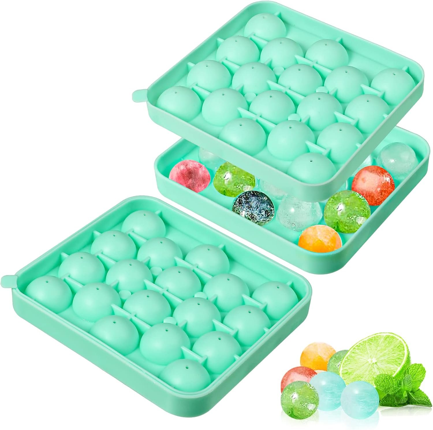 Webake 2 Pack Silicone Round Ice Cube Molds, 1.1 Inch Ice Ball Maker Easy Release Silicone Circle Ice Cube Tray Making 36PCS Sphere Ice for Chilling Cocktail Tea Coffee Green