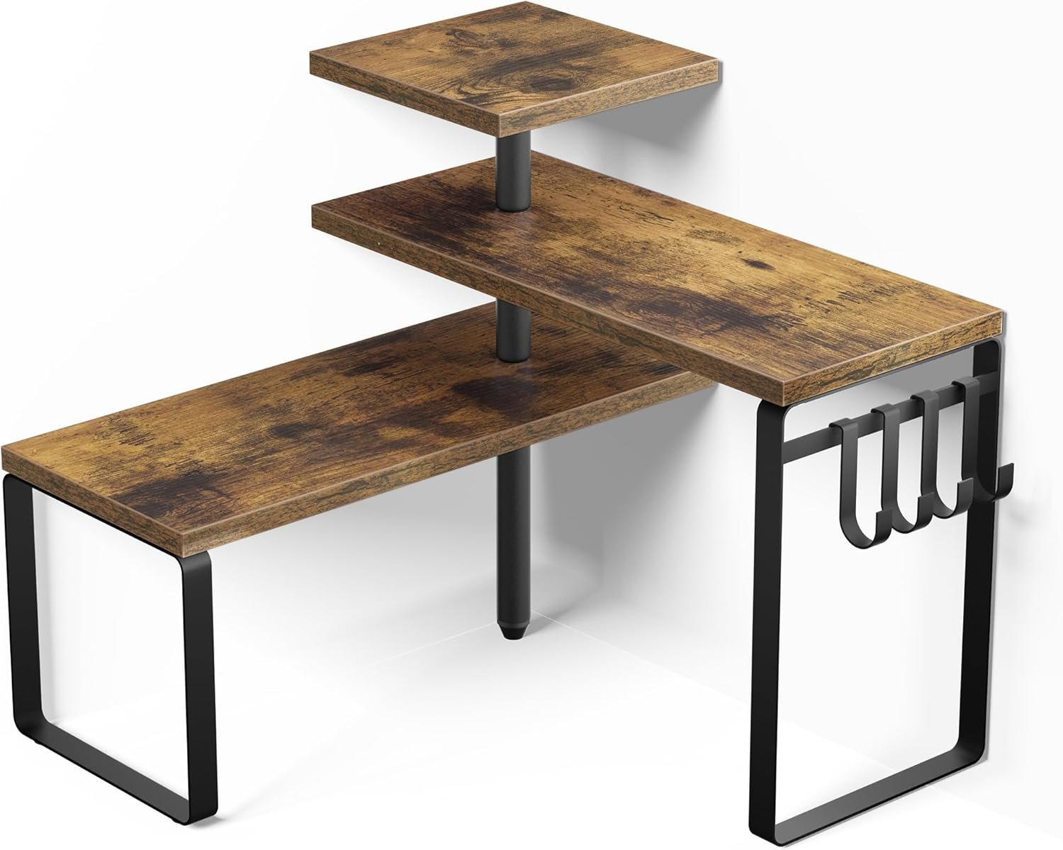 Alsonerbay Countertop Organizer Organization,3 Tier Corner Shelf for Kitchen Counter with Hooks for Coffee Area, Bathroom, Over Sink, Dresser Table (Rustic Brown)