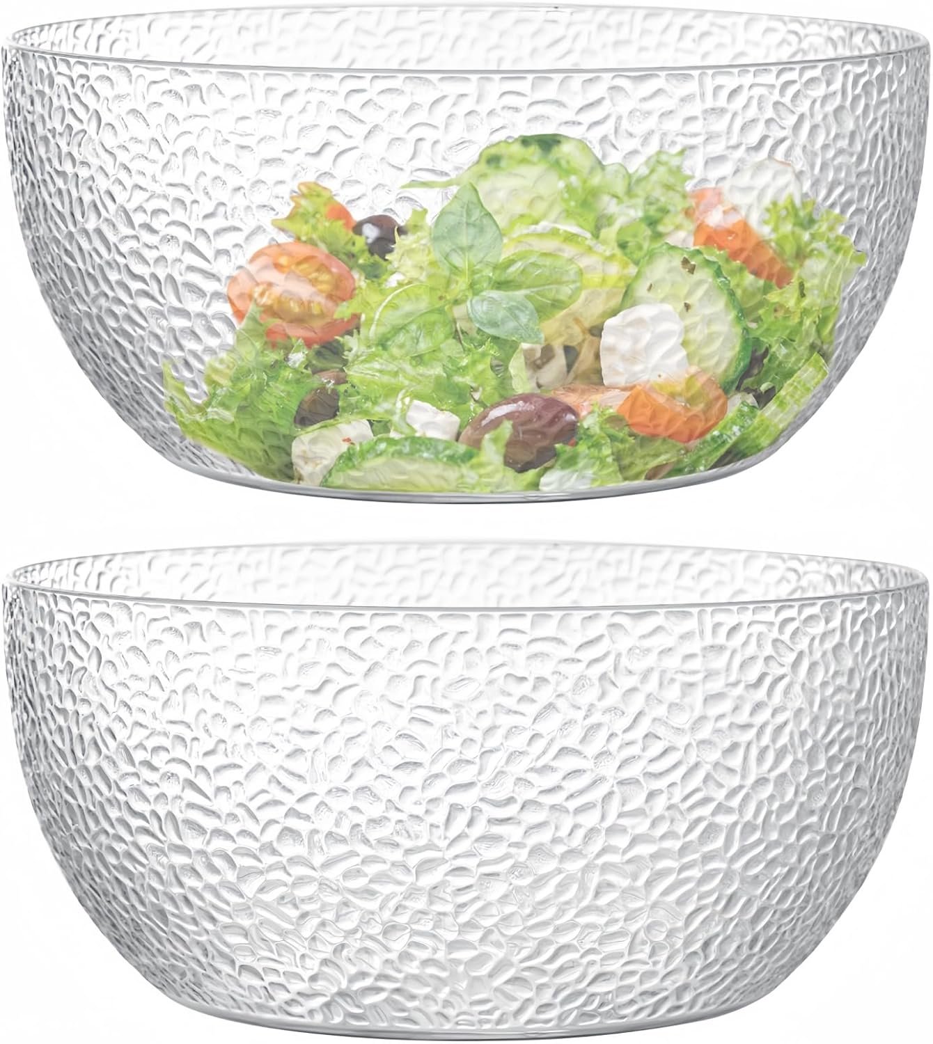 Qxbekmor 130 oz Acrylic Salad Bowls, 9.5″ Serving Bowls for Fruits, Popcorn, Chips, Dips, Condiments, Break-Resistant Set of 2, Clear Circular