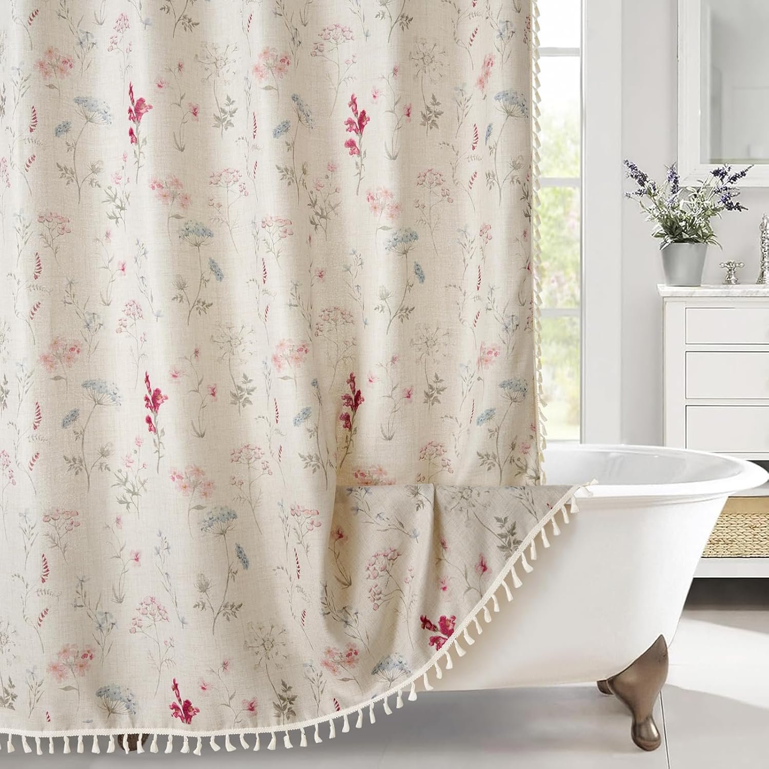 RoomTalks Boho Floral Shower Curtain with Tassels – Premium Quality Heavy Duty, Modern Farmhouse Cute Flowers Vintage Chic Textured Linen Shower Curtain Set Cottage Botanical Bathroom Decor