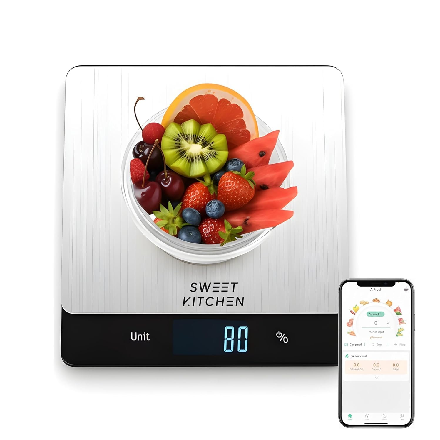 Smart Food Scale for Kitchen,Digital Food Scale with Nutritional Calculator, 24 Nutrients Tracking for Weight Loss, Connect to Smartphone App Android and iOS, Stainless Steel 11lb max