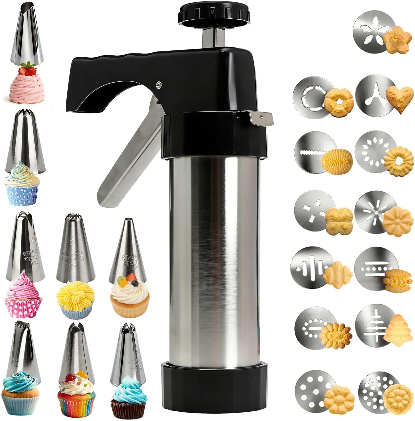 Stainless Steel Cookies Press,Cookie Press Gun Kit with 13 Cookie Discs and 8 Piping Tips for DIY Various Cookies Maker