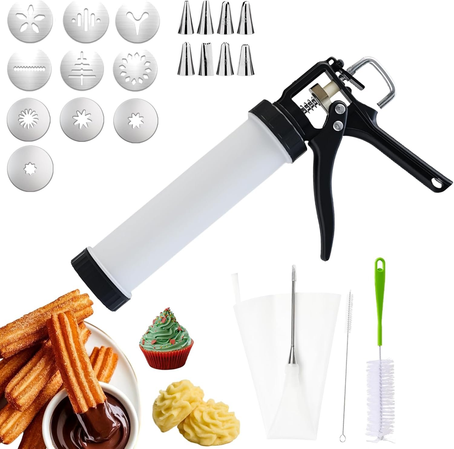 3in1 Manual Spritz Cookie Press Gun Set, Churrera Churro Maker Machine, Large 2-Cup Capacity, 1 Piping Bag and Tip, 10 Churro and Cookie Discs, 8 Icing Nozzles, 2 Cleaning Brushes
