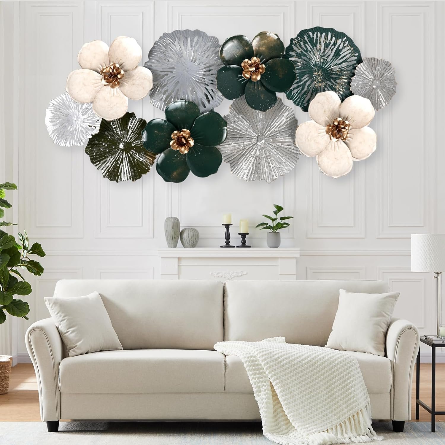 MGFDT Gold & Silver Metal Wall Art for Living Room Wall Decor and Room Decor, Modern 3D Wall Art Decor with Multi-Color Floral Design, Wall Decor for Bedroom, Dining Room & Home Decoration (46.06″ × 22.04″)
