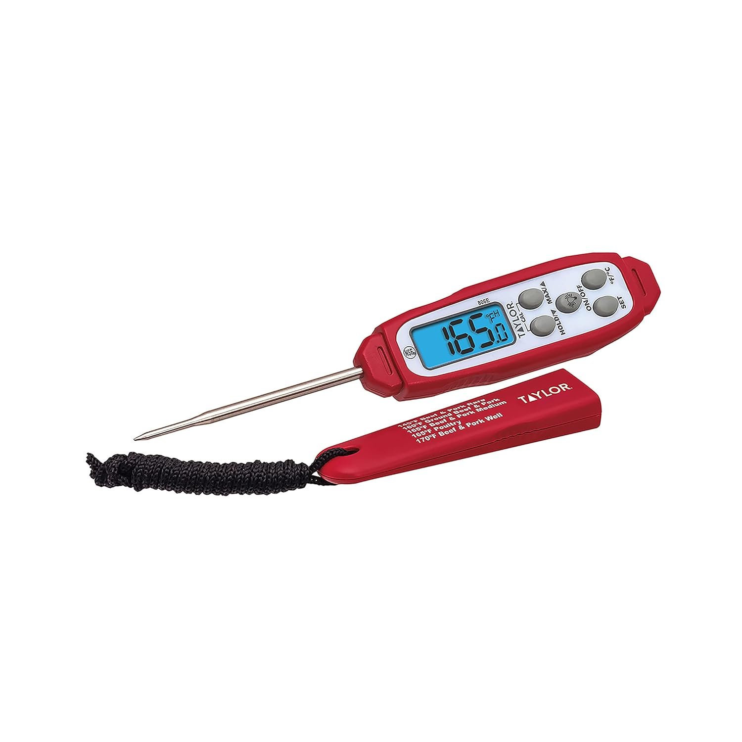 Taylor Digital Instant Read Meat Thermometer for GLP-1 High Protein Meal Prep – Waterproof Kitchen Probe for Chicken, Steak, Lean Cuts, Grill, BBQ – Fast Temperature Check, Blue Backlight Display, Red