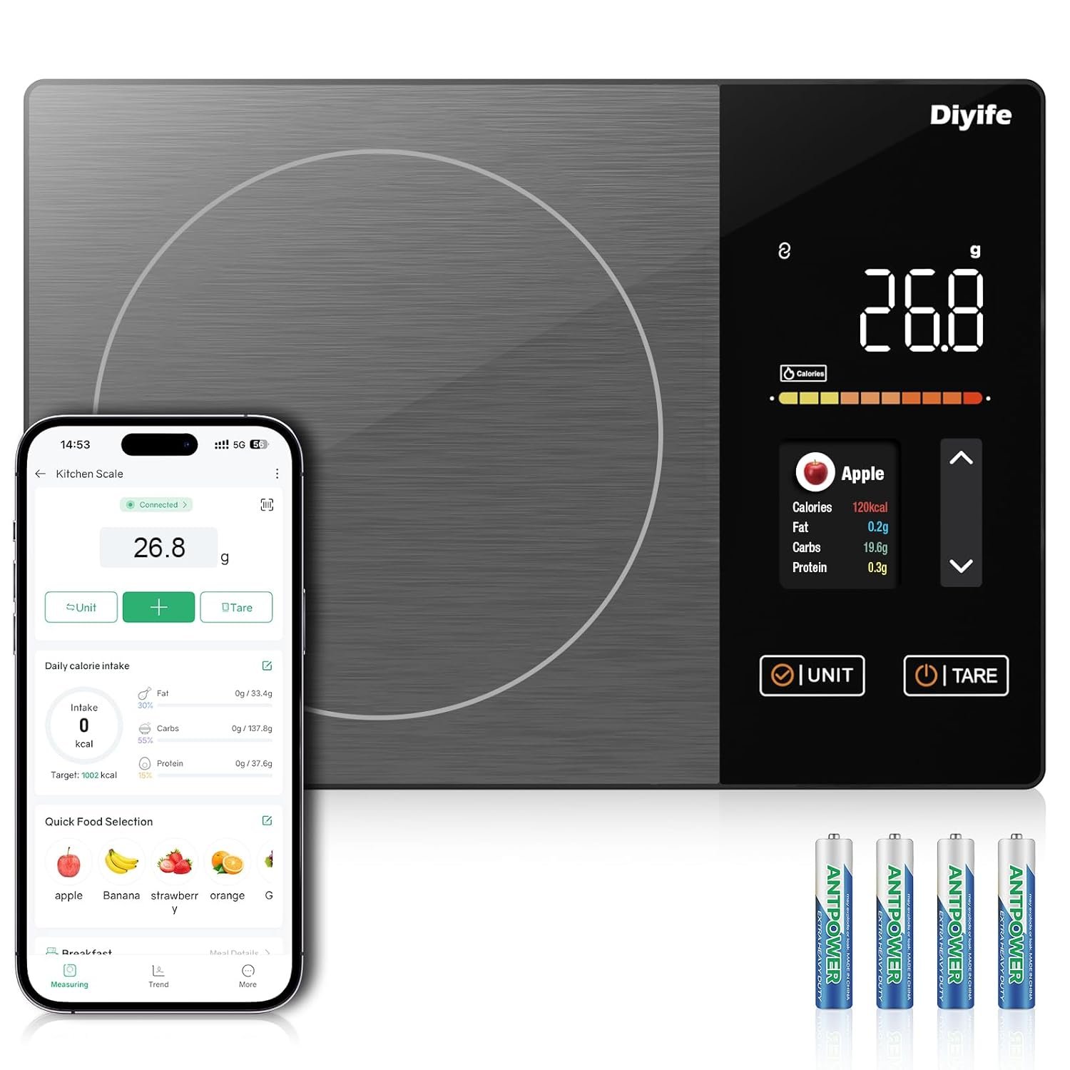 Smart Nutrition Food Scale with 2″ TFT Display, Diyife Kitchen Scale with Nutritional Calculator, Calorie, Fat, Carb, Protein Tracking, 50 Food Preload, Support for App Customization, Battery Included