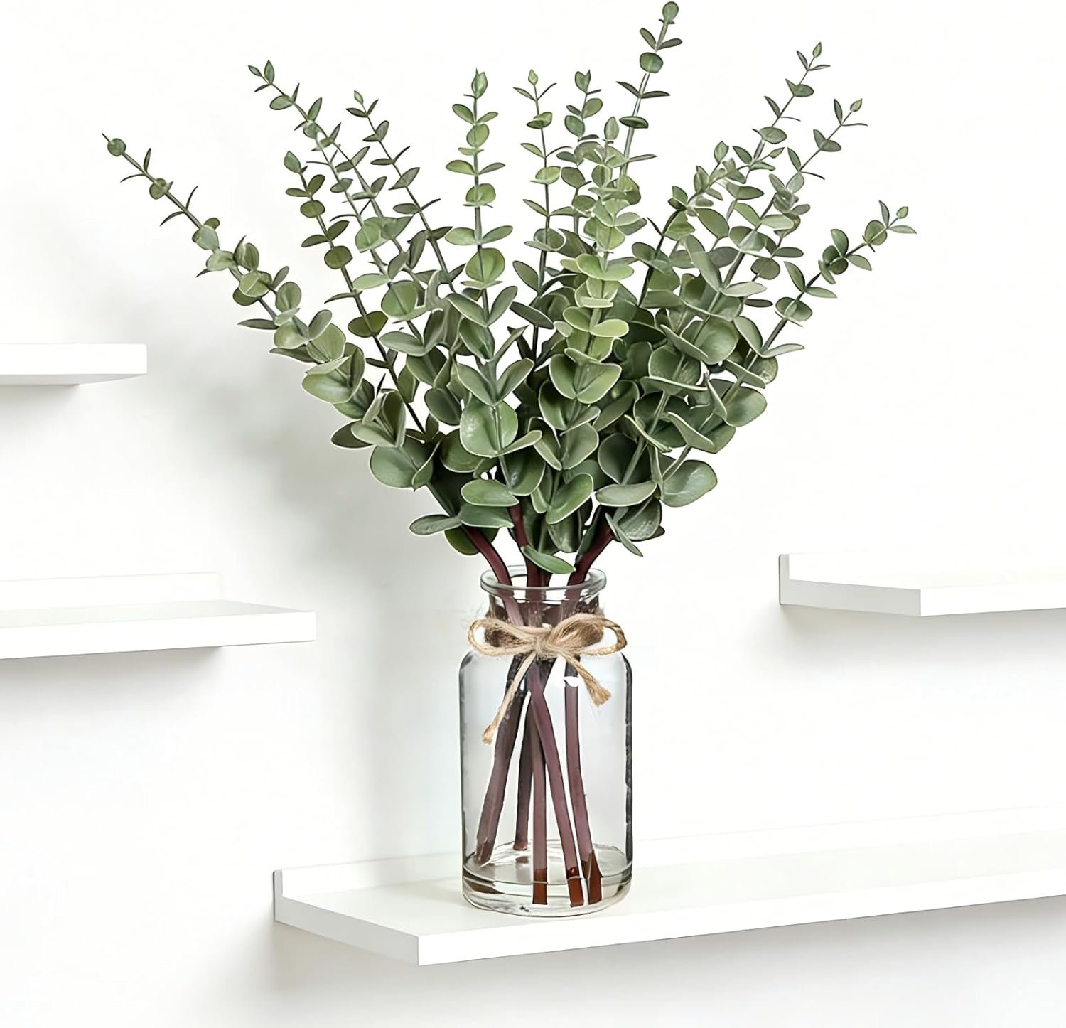 Artificial Eucalyptus Stems in Glass Vase with Faux Water, 17.5″ Faux Greenery for Vase,Fake Plants for Bathroom Decor Farmhouse Room Decor Table Decorations Home Decor Wedding (Sage Green)