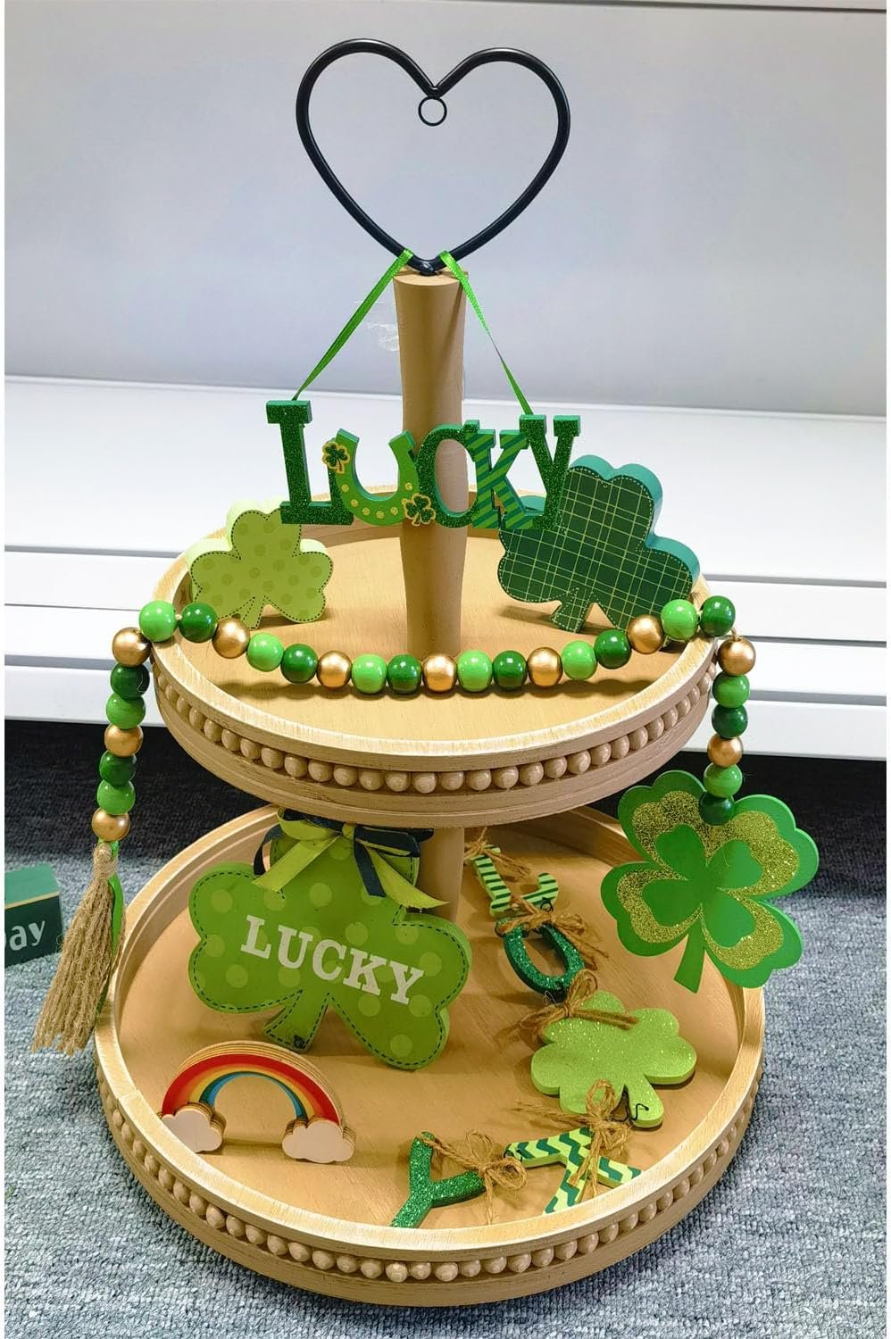 3 Tiered Tray Wooden Serving Stand Small Beaded Tray for Home Decor Display Farmhouse Country Decoration Kitchen or Dining. LIGHT BROWN