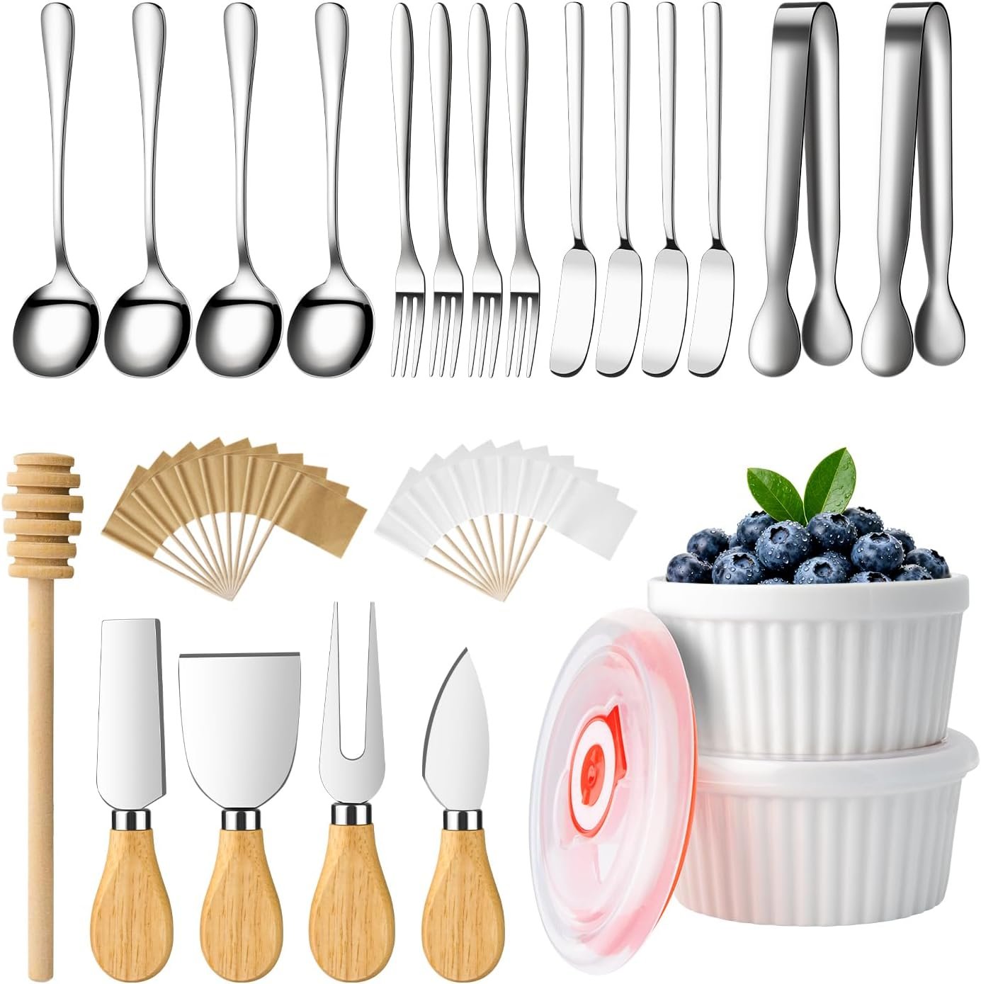 Charcuterie Boards Accessories Bowls with Lids, Cheese Butter Spreader Knife Set Mini Serving Tongs, Forks, Spoons,Dipping Bowls, Toothpick Flags, Honey Dippers For Party Platter Making (Silver)
