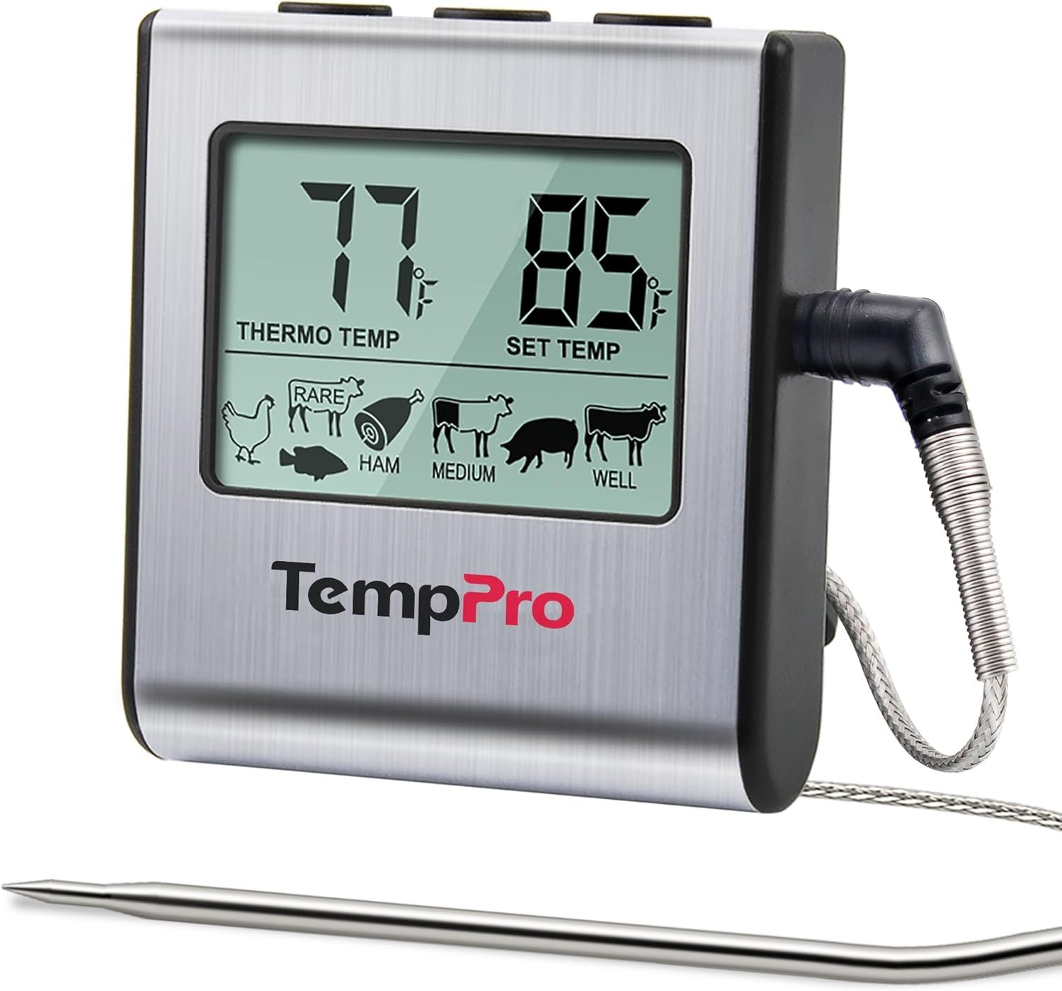 TempPro TP16 Large LCD Digital Cooking Food Meat Thermometer for Smoker Oven Kitchen BBQ Grill Thermometer Clock Timer with Stainless Steel Temperature Probe(Previously ThermoPro)