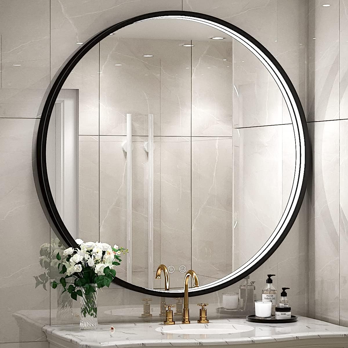 32″ Round LED Bathroom Mirror, Dimmable Anti-Fog Vanity Mirror with Touch Control, 6000K Natural Light, Black Metal Frame, Wall Mounted for Makeup Shaving (IP54, 90+ CRI)