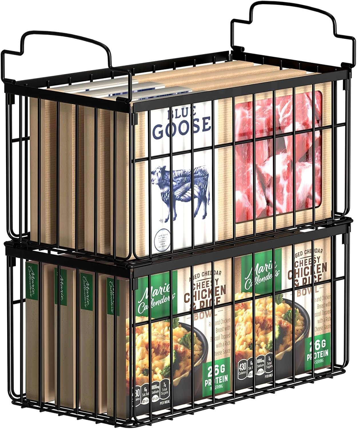 Freezer Organizer Bins, Stackable Deep Chest Freezer Organizer Bins, 2 Pack Foldable Baskets with Handles, Black Storage Container Baskets for 5/7 Cu.FT Deep Freezer Sort Frozen Meats