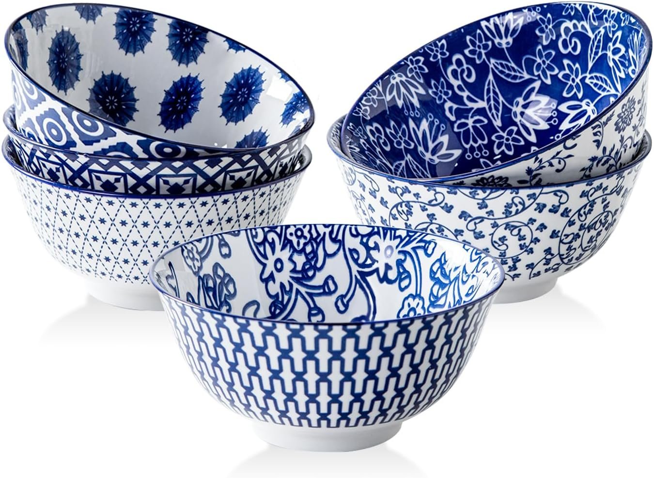 Ceramic Soup Bowls Set – 24 Oz Porcelain Deep Cereal Bowl – 6 Inch Large Dinner Bowl Kitchen Eating Pasta Salad Rice Oatmeal Noodle Snack – Microwave Dishwasher Safe – Set of 6 – Vintage Blue