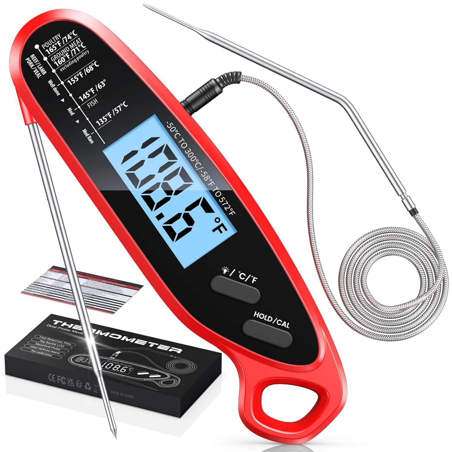 Instant Read Meat Thermometer Digital with Dual Probe, Food Thermometer for Cooking & Grilling, Large Backlit & Calibration, for Kitchen/Oven/Grill/Smoker/BBQ/Candy/Oil/Fry, Gifts for Men & Dad