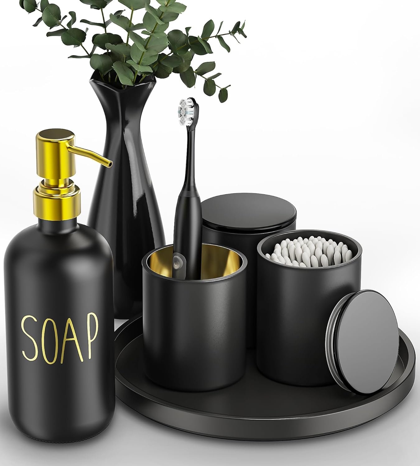 Black Bathroom Accessories Set with Tray, 6pcs Matte Black Bathroom Accessory Sets, Glass Soap Dispenser and Toothbrush Holder Set, Qtip Holder, Ceramic Flower Vase, Black Bathroom Set Decor,