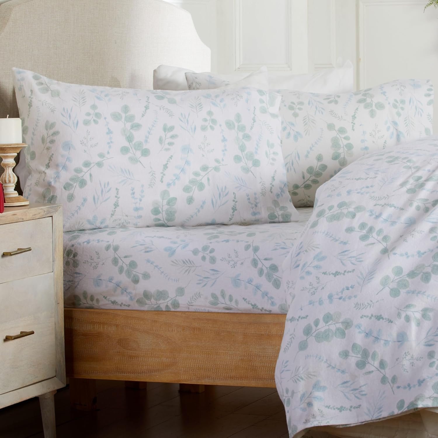 Market & Place 100% Cotton Queen Flannel Sheet Set | 4 Piece Deep Pocket Cozy Winter Floral Bed Sheets | Double Brushed for Extra Softness & Comfort | Alpine Collection (Queen, Eucalyptus Leaves)