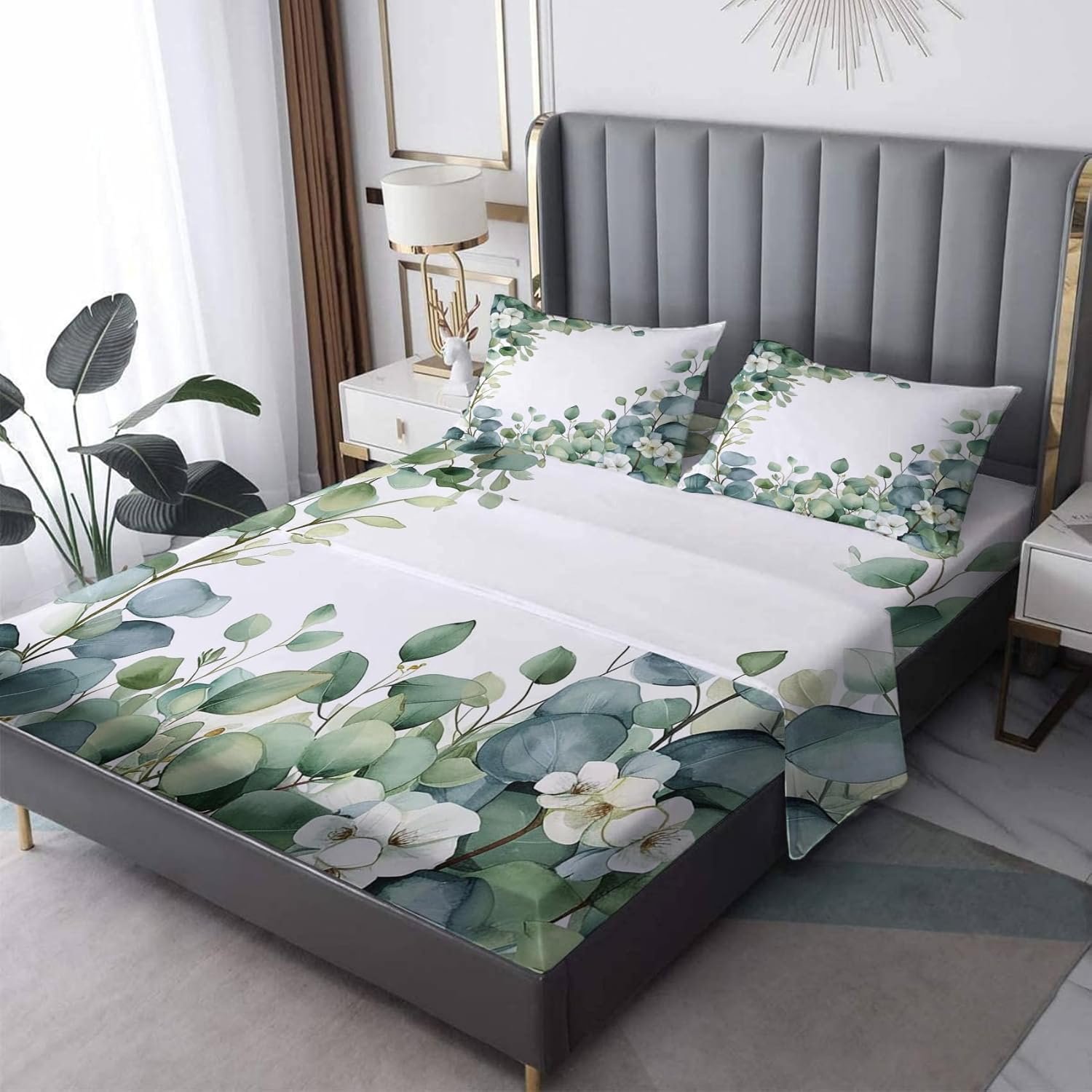 Eucalyptus Leaves Sheets Queen Sheet Set – Green Leaf Bed Sheets, Soft Microfiber & Deep Pocket & Wrinkle Free Patterned Bedding Sheets & Pillowcases, 1 Fitted Sheet, 1 Flat Sheet, 2 Pillow Cases
