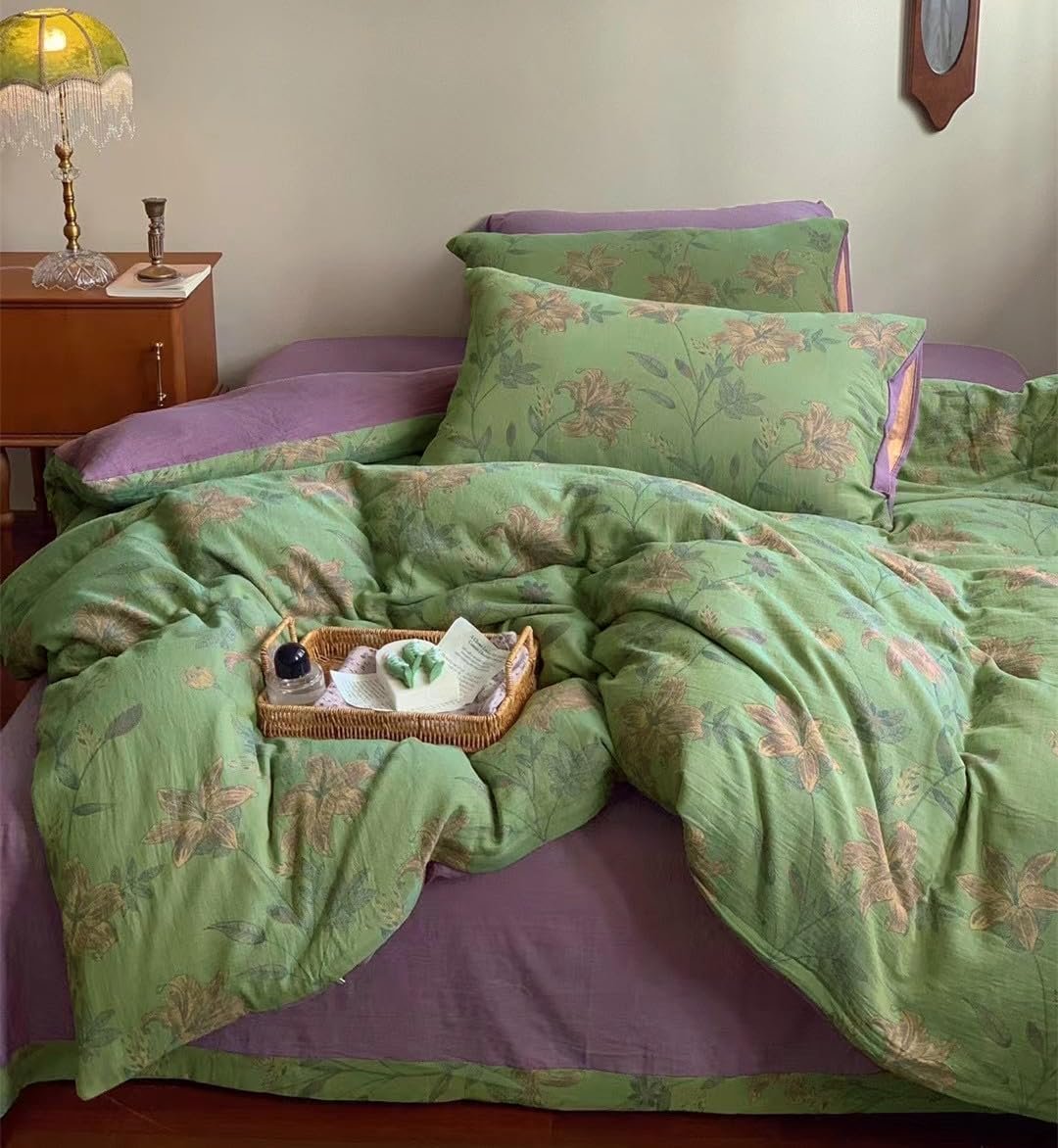 VM VOUGEMARKET Linen Cotton Jacquard Duvet Cover Queen,3 Pcs Yarn-Dyed Textured Duvet Cover Set Green Purple Floral Bedding Breathable, Natural Wrinkled Look-No Comforter