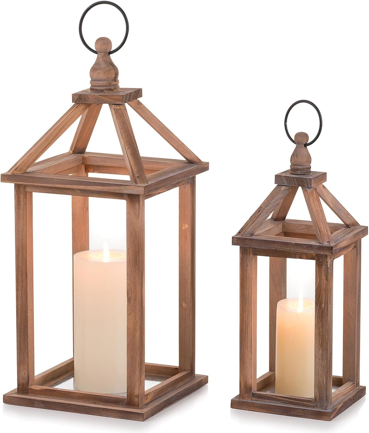 Romadedi Farmhouse Wood Candle Lantern – 12″ / 16″ Set of 2 Rustic Wooden Lanterns Decorative Candle Holder Home Decor Wedding Table Centerpiece Indoor Outdoor Fireplace Decorations, Brown
