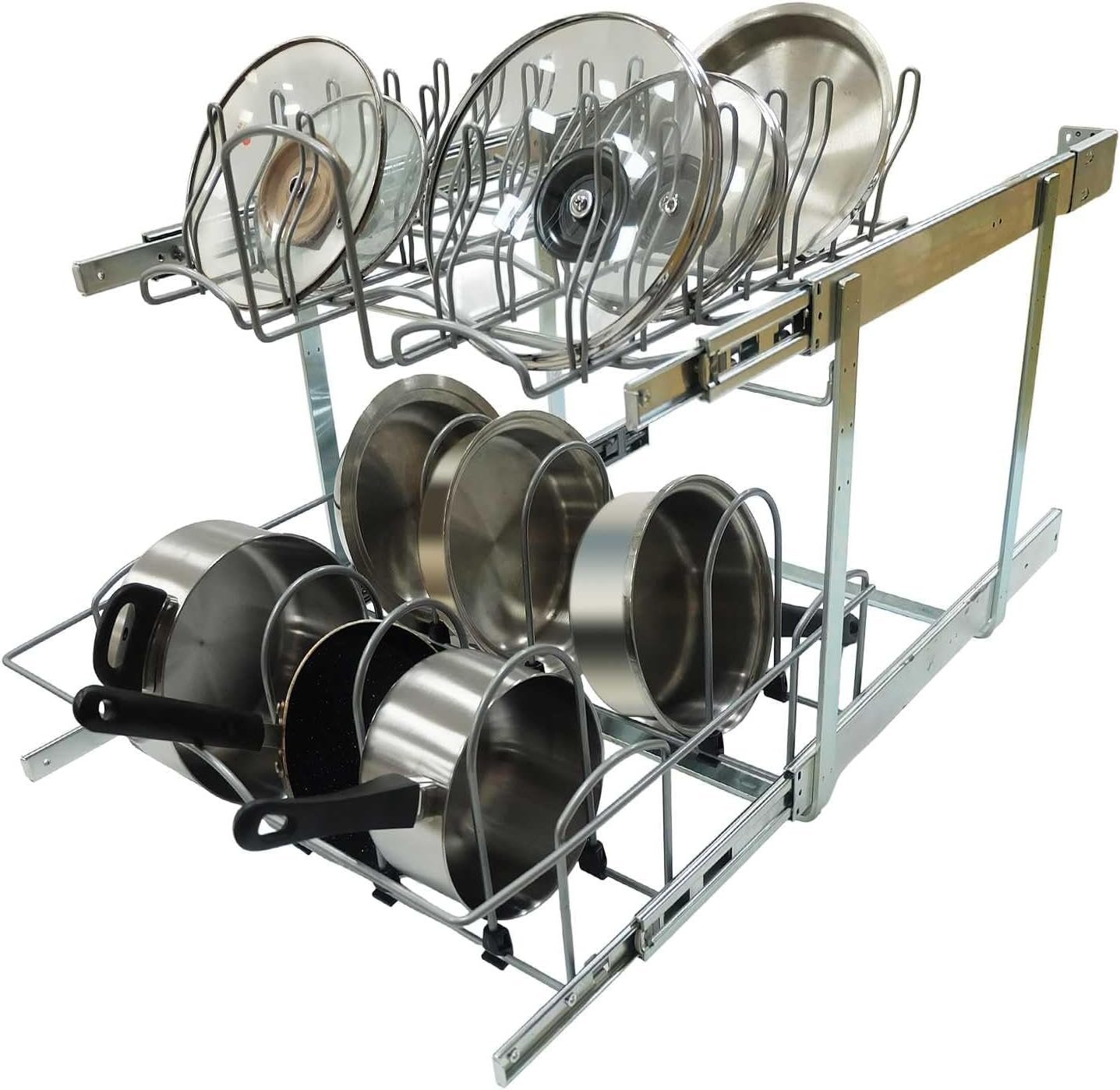 2 Tier Pull Out Pot and Pan Organizer,(20½”W x 22″ D) Pull Out Cabinet Organizer for Pot Pan Lid Organization, Individual Pull Out Cabinet Organizer for 24 inch and above cabinet