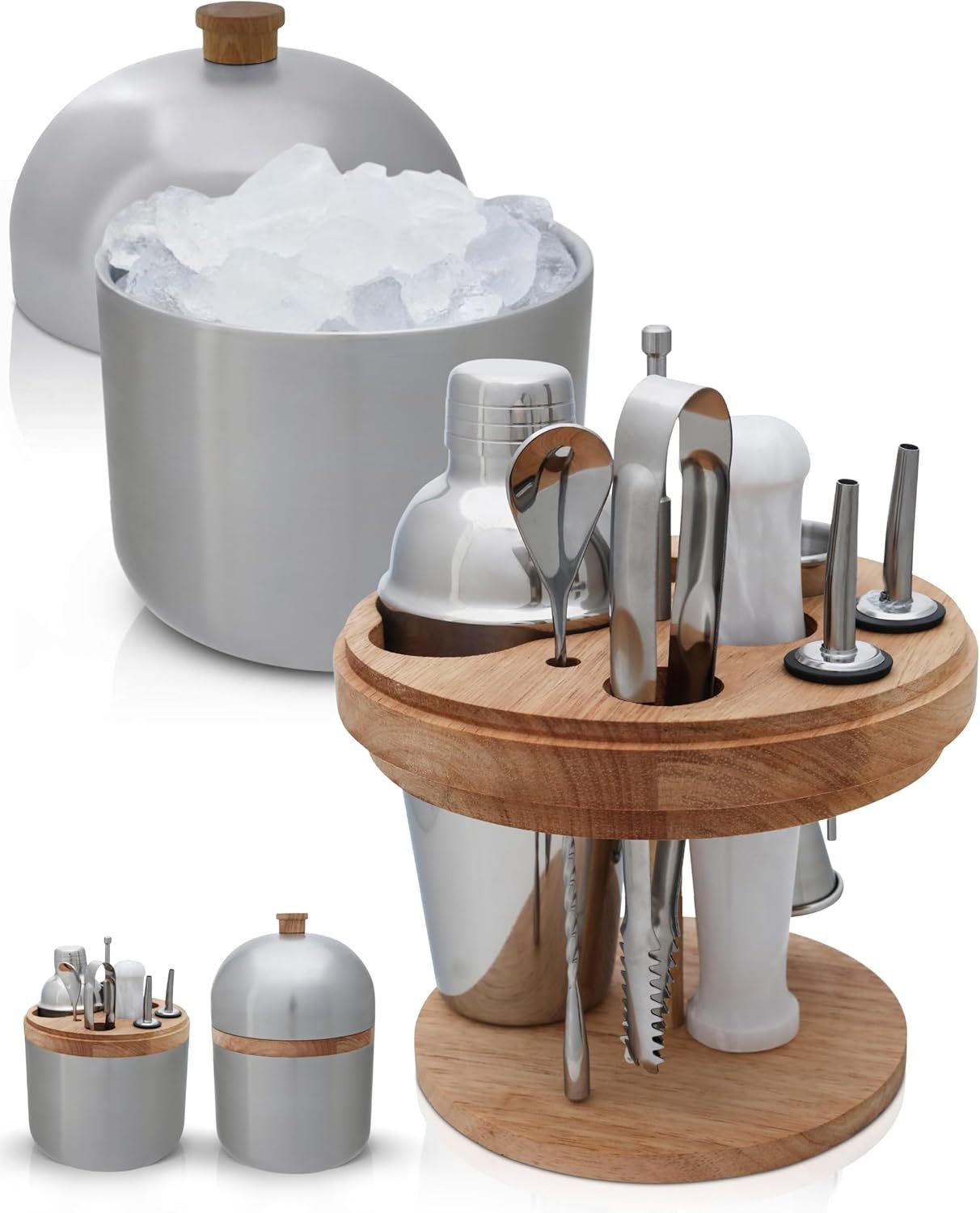 Gusto Nostro Cocktail Set Bartender Kit with Stainless Steel Ice Bucket – Complete Mixology Bar Tool Set with Wooden Organizer, Cocktail Shaker, Jigger, Muddler, Spoon, Tongs, Pourers, Recipe Cards