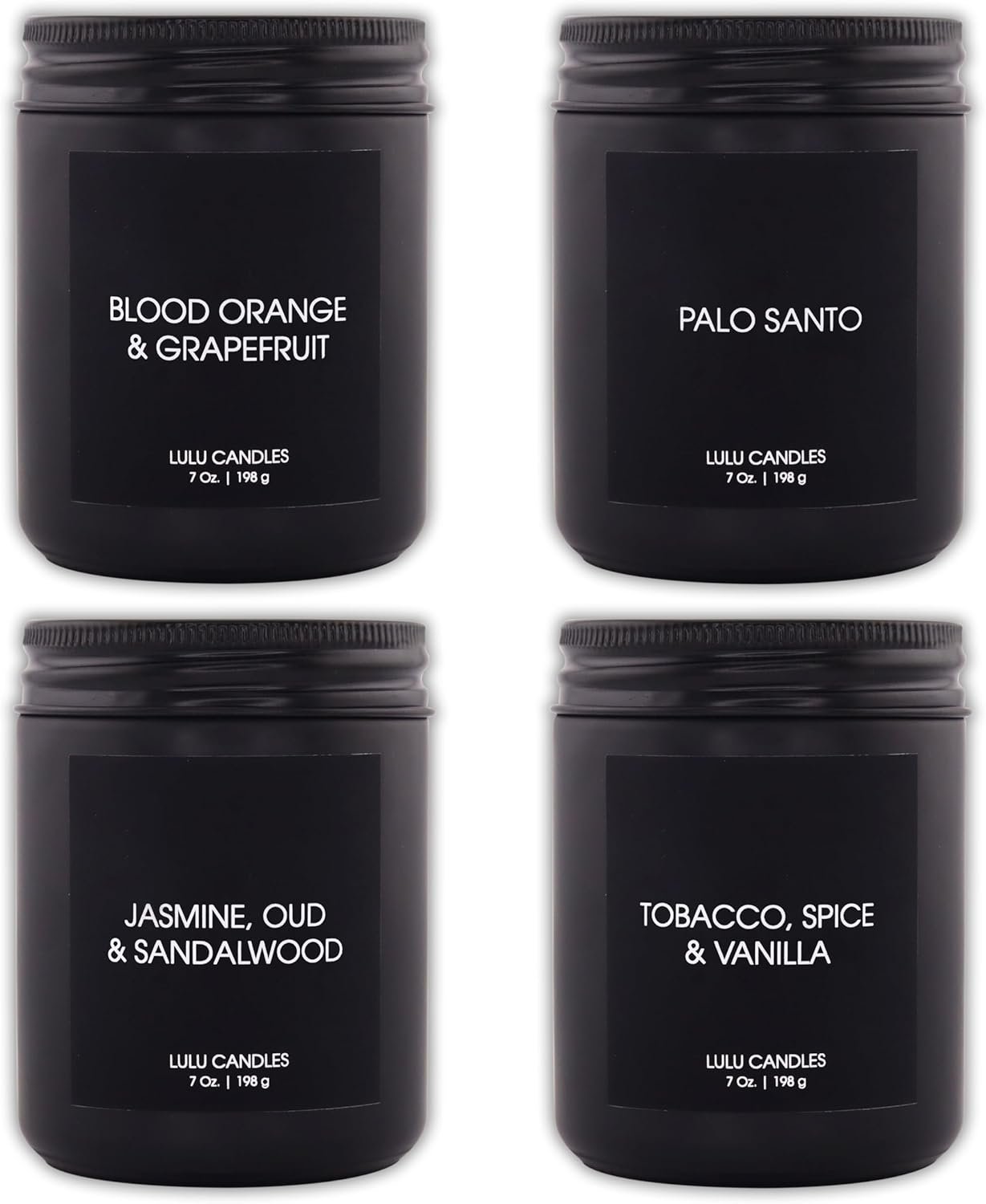 Lulu Candles | 4 Pack Scented Candles Gift Set | Gift Set for Home, Men, and Women | Jasmine, Oud & Sandalwood, Blood Orange & Grapefruit, Tobacco, Spice & Vanilla, and Palo Santo (4PCS – 7 Oz/Each)