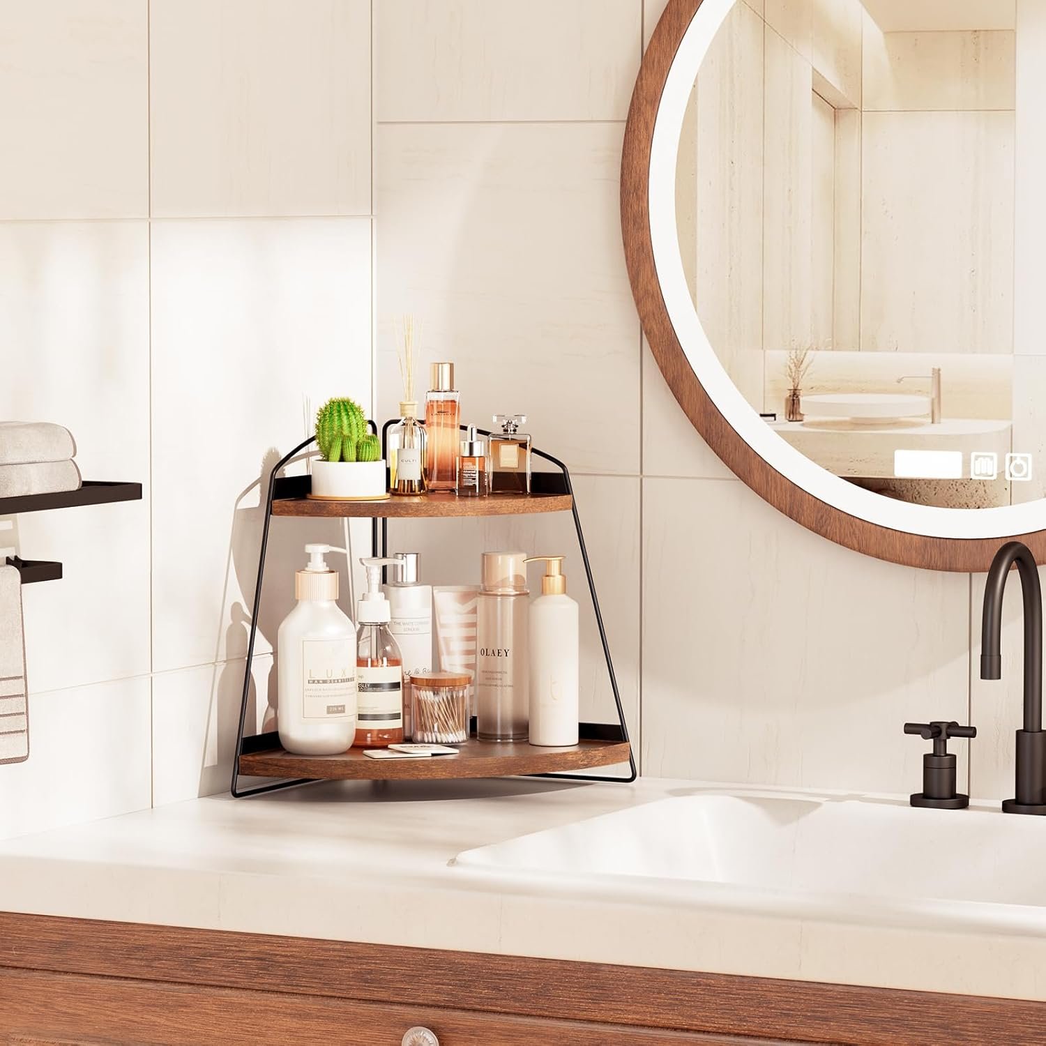 Puricon 2 Tier Corner Countertop Storage Shelf Organizer, Triangle Bathroom Sink Organizer – Wood, Brown