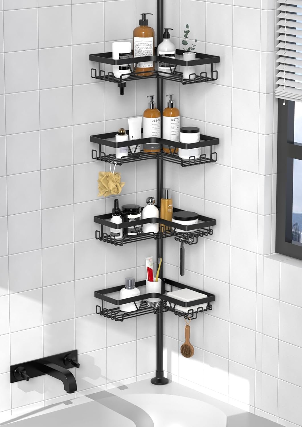 KEGII Corner Shower Caddy Tension Pole – Shower Tension Rod Organizer, Floor to Ceiling Shower Caddy 25-114.2 inch, Towel Rack Corner Waterproof, Black