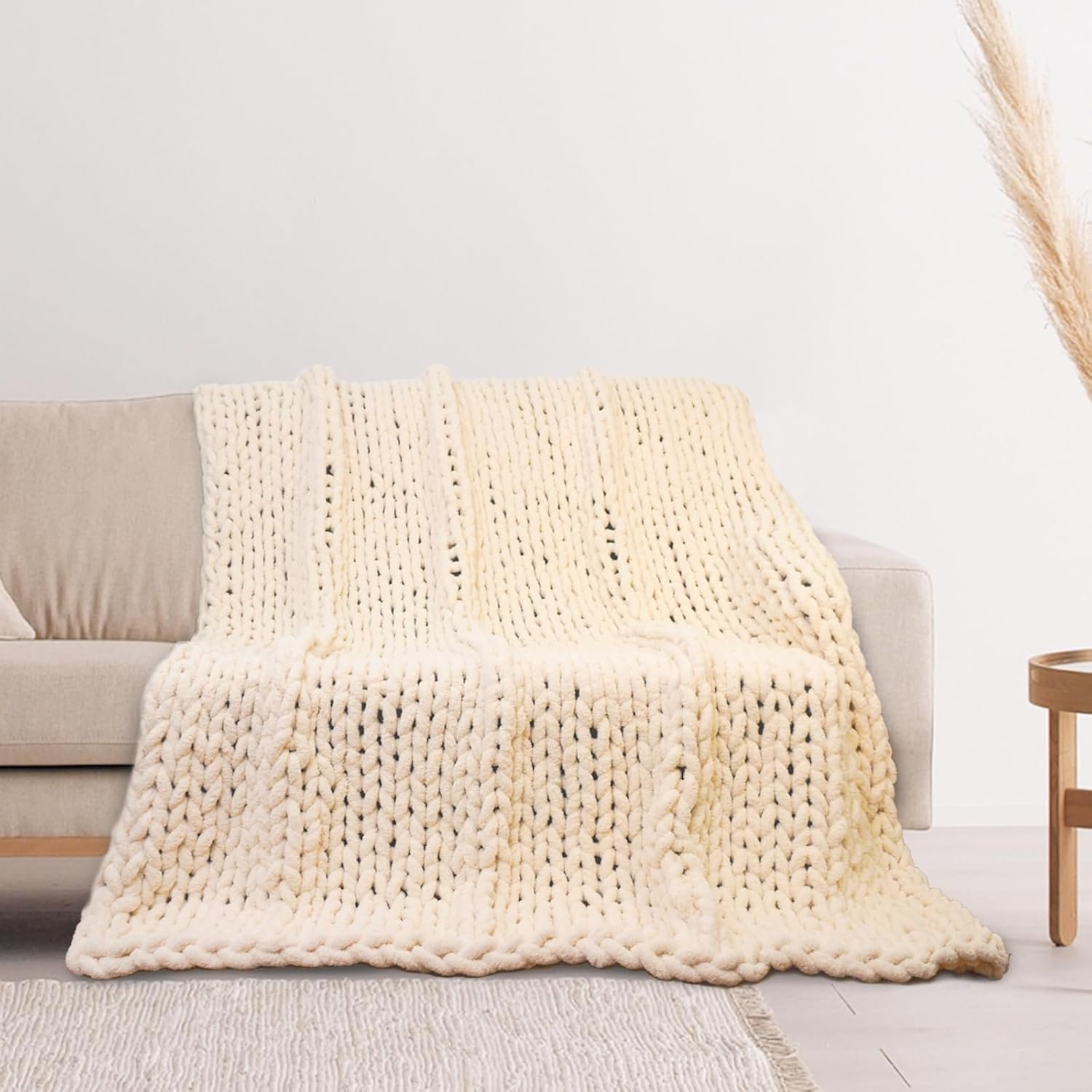 Chenille Chunky Knit Blanket Throw – Soft Chenille Yarn Throw Blanket,Warm Cozy Handmade Thick Cable Knit Crochet Blanket,Rope Knot Throw Blanket for Couch Home Decor (Beige, 50″*60″)