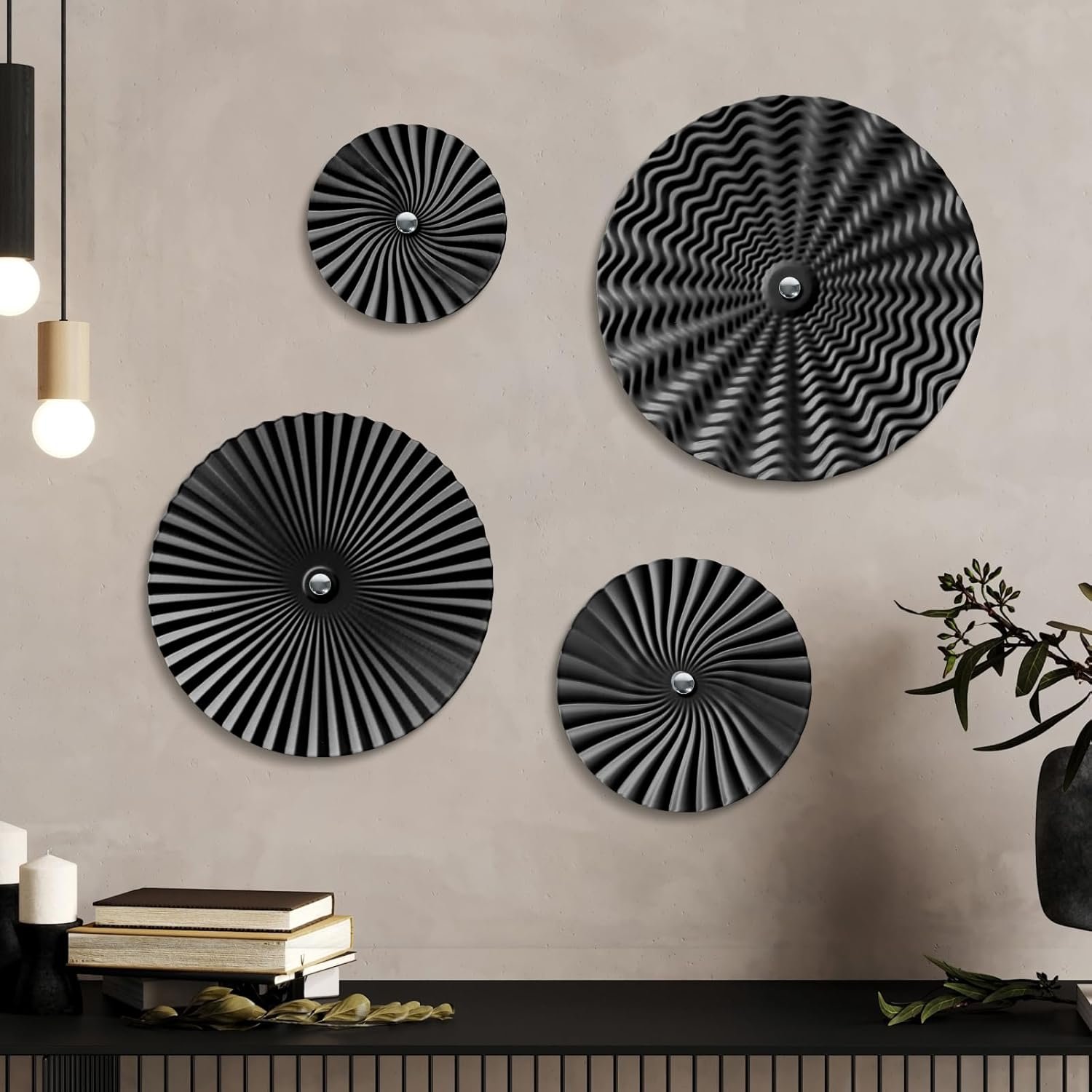 Putuo Decor 12″ Black Starburst Wall Art Set of 4, Round Ripple Metal Sculptures in Varying Sizes, 3D Iron Hanging Panels for Modern Living Room Bedroom Office Industrial Interiors