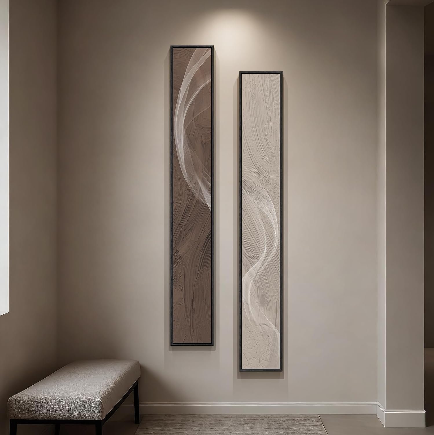 Large Framed Long Narrow Vertical Neutral Abstract Wall Art Set of 2, Beige Brown Modern Canvas Prints Paintings Artwork for Walls, Minimalist Pictures for Entryway Hallway Living Bedroom Wall Decor