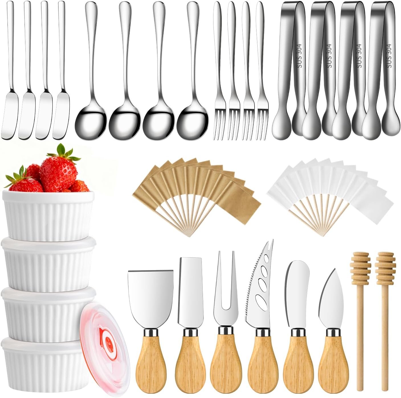 Charcuterie Boards Accessories Bowls Utensils, Cheese Knife Set Mini Butter Spreader, Serving Tongs, Forks, Spoons, Dipping Bowls with Lids, Toothpick Flags, Honey Dippers For Party Platter Making