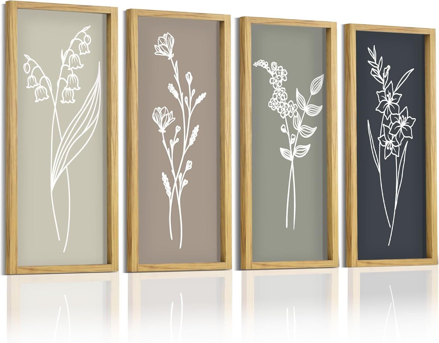 LITIVY Boho Wall Art 16”x7” Wooden Framed Floral Set of 4 Rustic Minimalist Botanical Farmhouse Bathroom Living Room Wall Decor (Naturals)