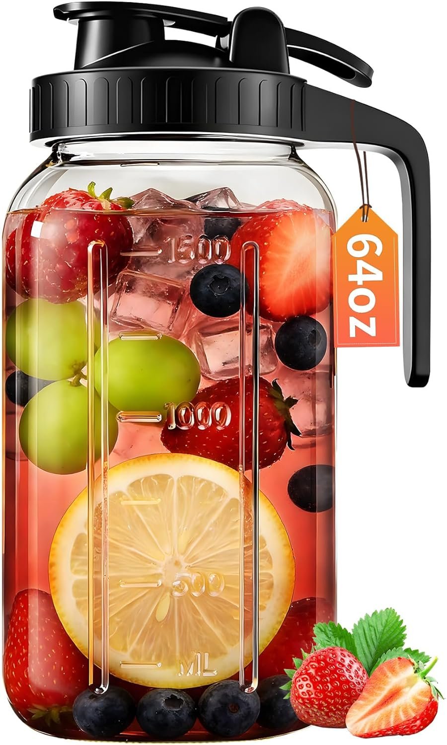 64oz Glass Pitcher with Lid & Spout – 2 Quart Mason Jars, Airtight & Leakproof Breastmilk Pitcher for Cold Brew Coffee, Sun Tea, Water, Juice – Wide Mouth, Fridge Safe