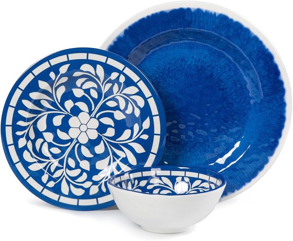 Melamine Dinnerware Set – 12 Pcs Dinner Dishes Set for 4, Plates and Bowls Set for Indoor & Outdoor Use- Dishwasher Safe, Unbreakable, Blue
