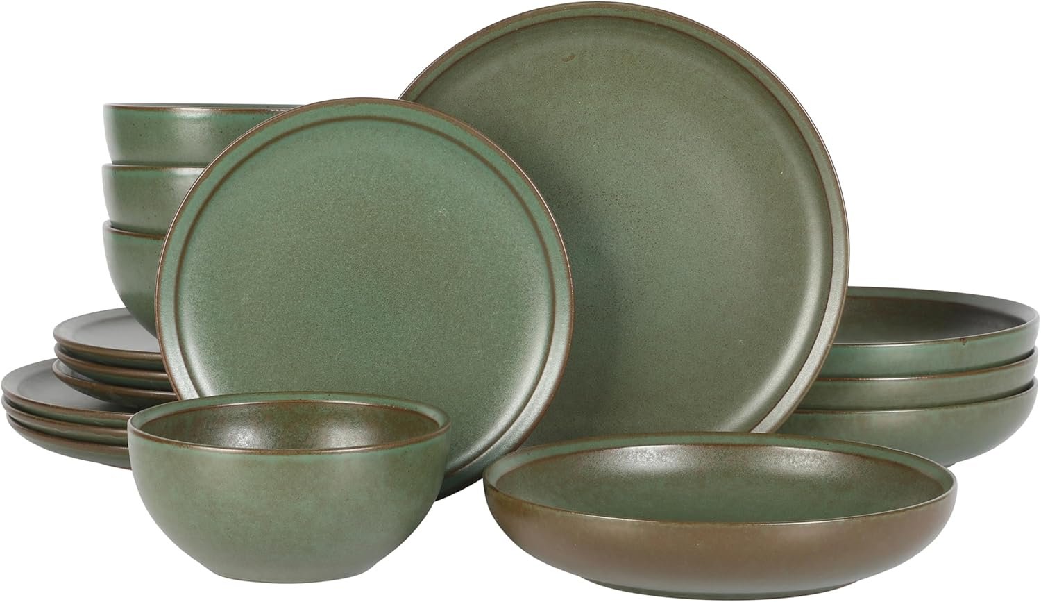 Gibson Elite Beckett Stoneware Matte Reactive Glaze 16 Piece (Service for 4) Plates and Bowls Dinnerware Set – Green
