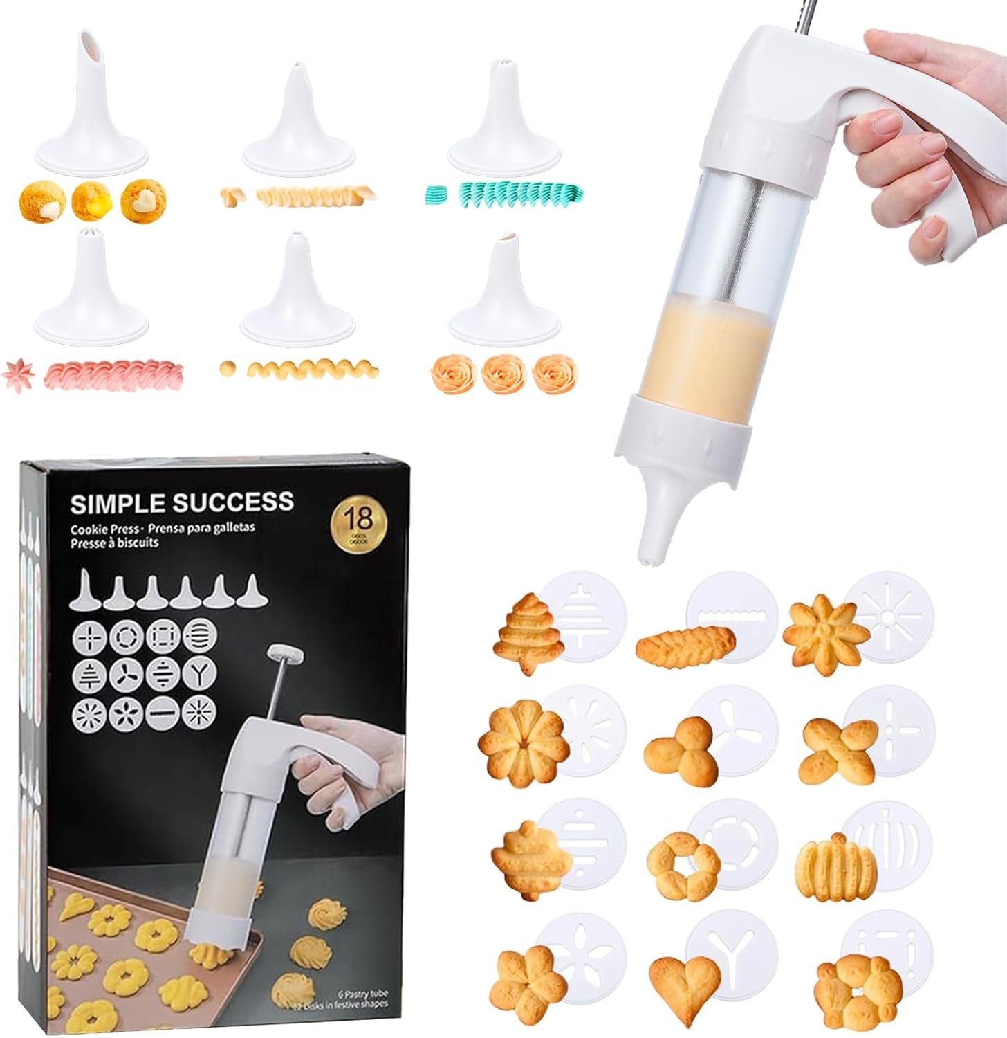 Spritz Cookie Press Gun with 12 Discs & 6 Piping Tips – Cookie Maker Kit for Baking Easy Cookies, Cheese Press & Sweet Decorations