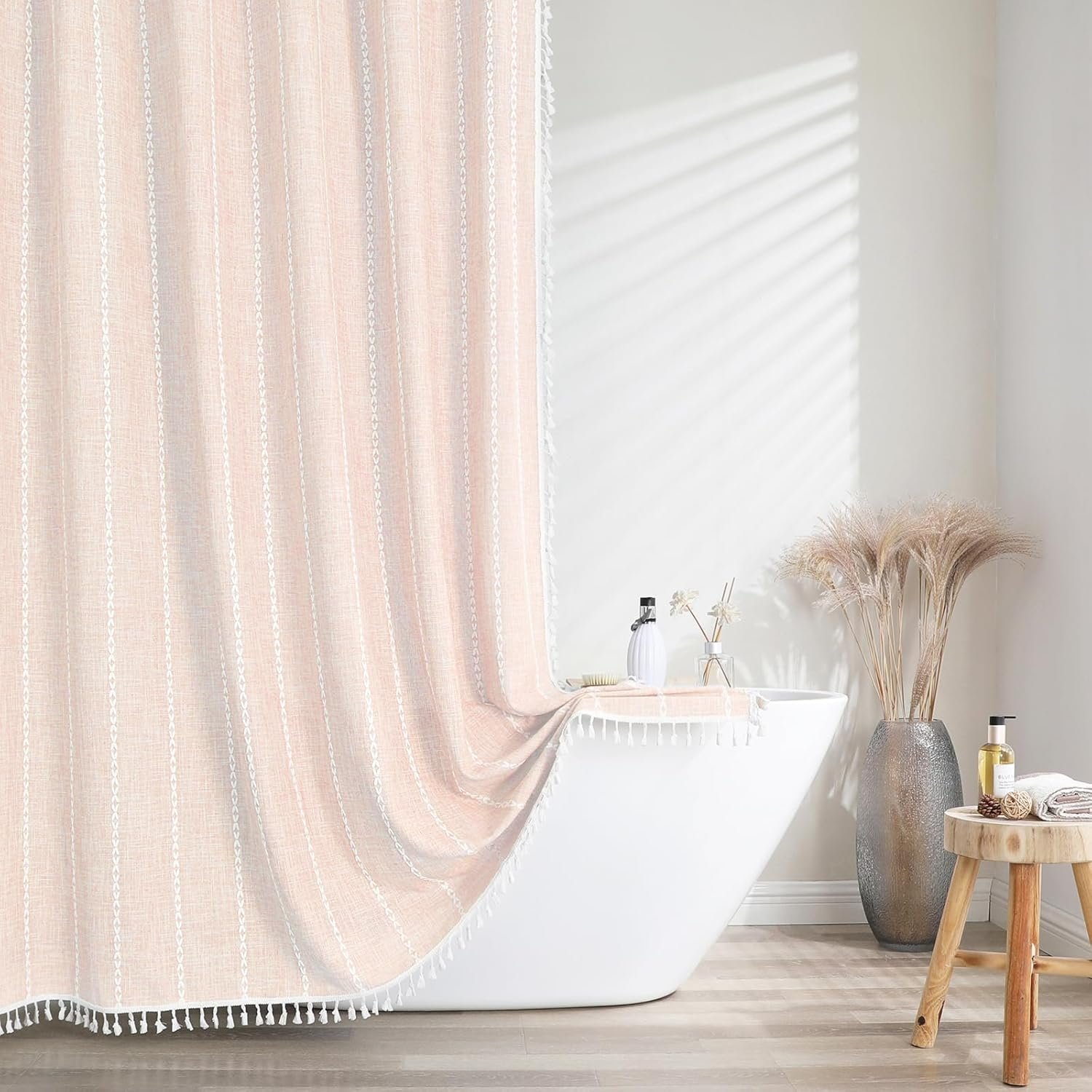meioro Boho Farmhouse Striped Shower Curtain, 330GSM Linen Woven Fabric Shower Curtain Set with Tassel, Water Repellent Rustic Bohemian Thick Cloth Shower Curtains for Bathroom, Cream/Beige, 36×72