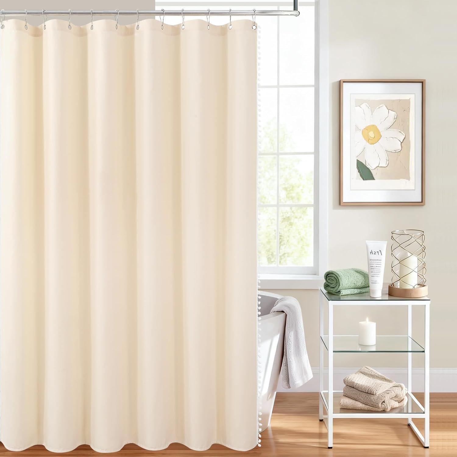 Boho Cream Beige Pom Pom Shower Curtain, Nature Farmhouse Shower Curtain with Handmade Small Tassel Balls, Waterproof Polyester Solid Fabric Shower Curtains for Modern Rustic Bathroom, 72″ W x 72″ H