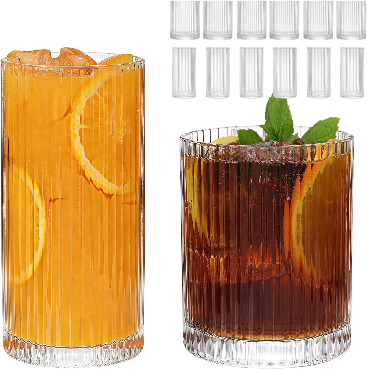 Moretoes Ribbed Drinking Glasses Set of 12, Glassware Clear Water Glass Cups, 6 Highball Glasses 12 Oz, 6 Rocks Glass 13 Oz, RibbedKitchen Bar Tumbler for Wine, Juice, Ice Coffee, Whiskey