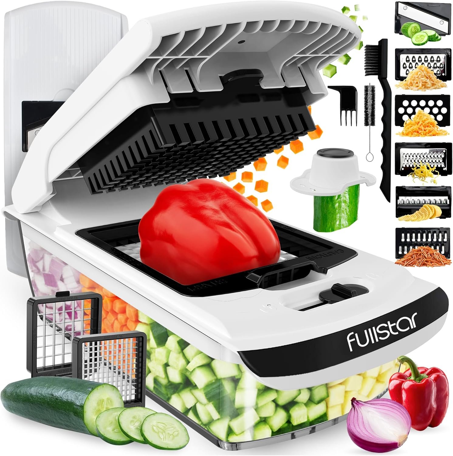 Fullstar All in One Vegetable Chopper and Mandoline Slicer – Food Chopper with Container and Julienne Slicer, Fruit Slicer, Veggie Cutter, Kitchen Gadgets & Gift for Mom (8 in 1, White)
