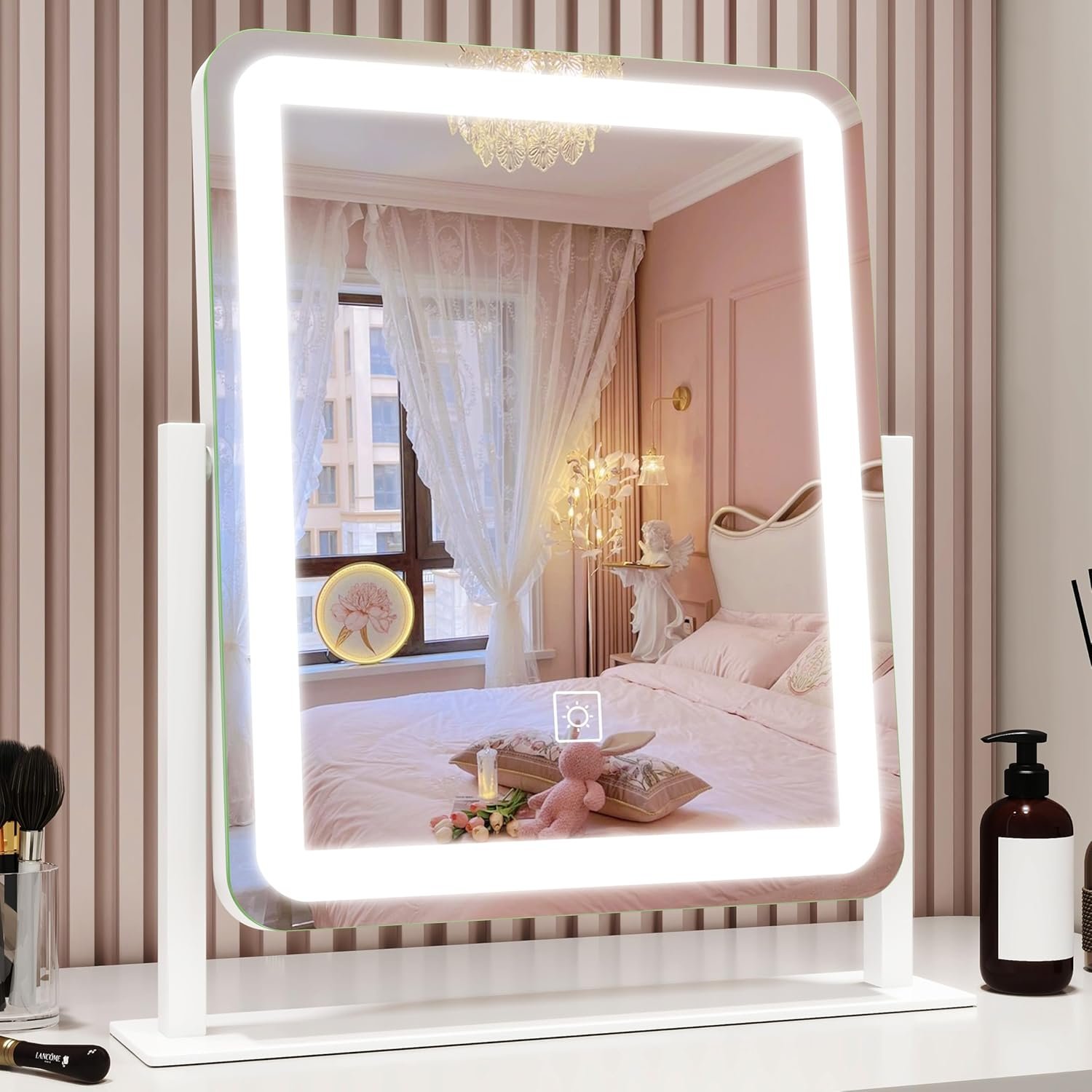 ROLOVE Vanity Mirror with Lights, 12.6″x15″ LED Makeup Mirror with Lights, Smart Touch Control 3 Color Dimmable, Lighted Desk Mirror for Bedroom, Light Up Mirror