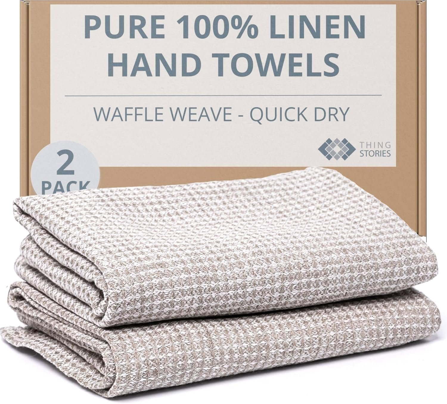 European Flax Linen Kitchen Towels Set of 2 – Handcrafted Stonewashed Waffle Weave Dish Towels, Quick Dry Absorbent Hand Towels for Bathroom & Kitchen